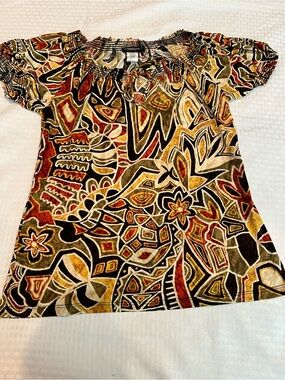 Perseption Multicolor Off-Shoulder Printed Tunic — Rust, Olive & Gold
